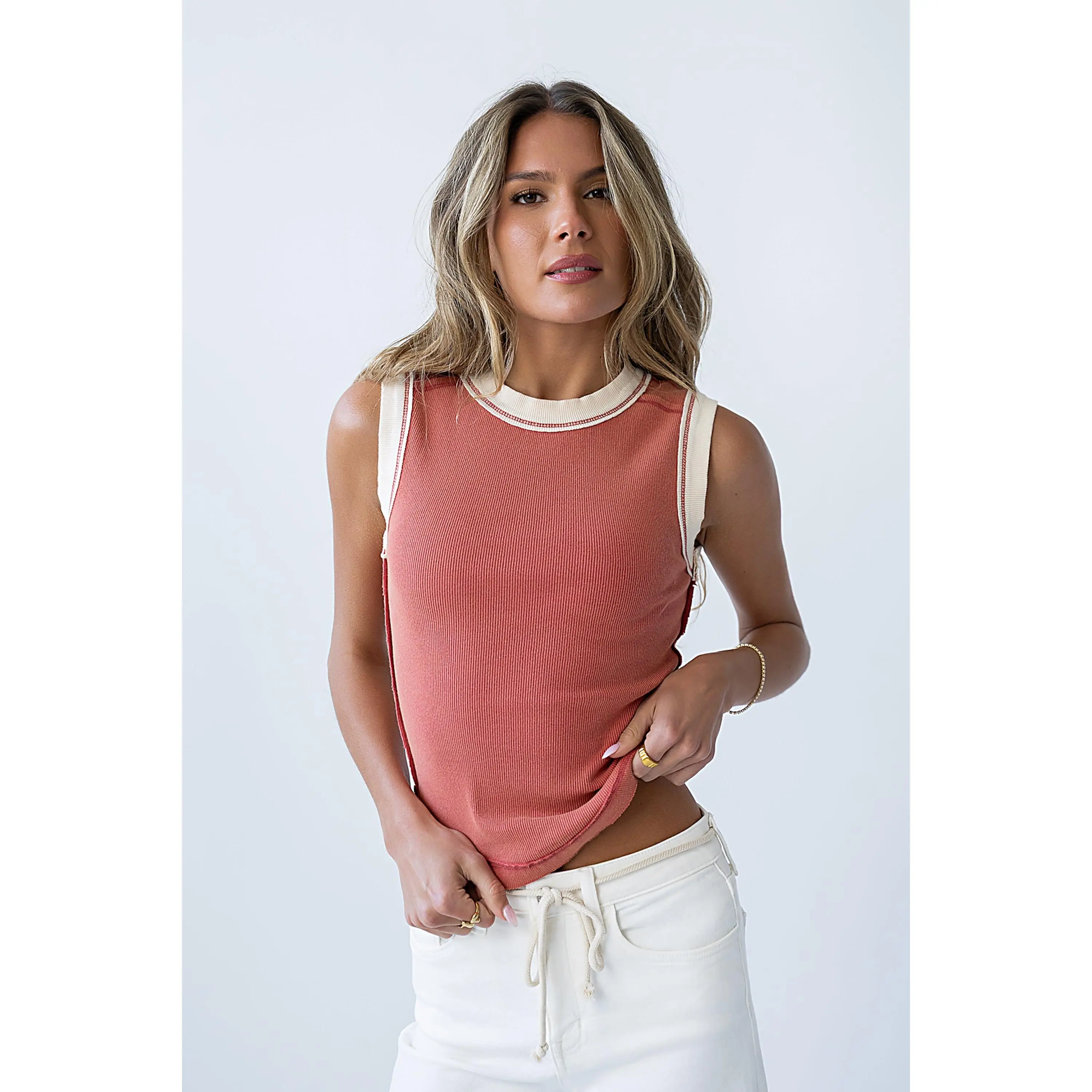 Women's Basic Ribbed Cotton-Spandex Tank Top - Casual Sleeveless Round Neck Shirt with Reverse Seam Detail, Contrast Hem, Hang Dry Feature