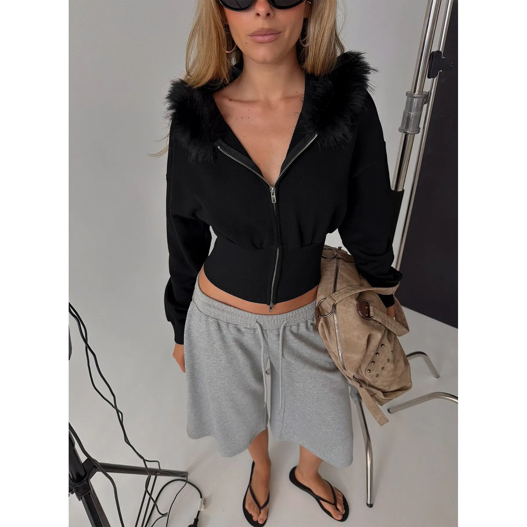 Ramonda Faux Fur Hooded Jumper Black