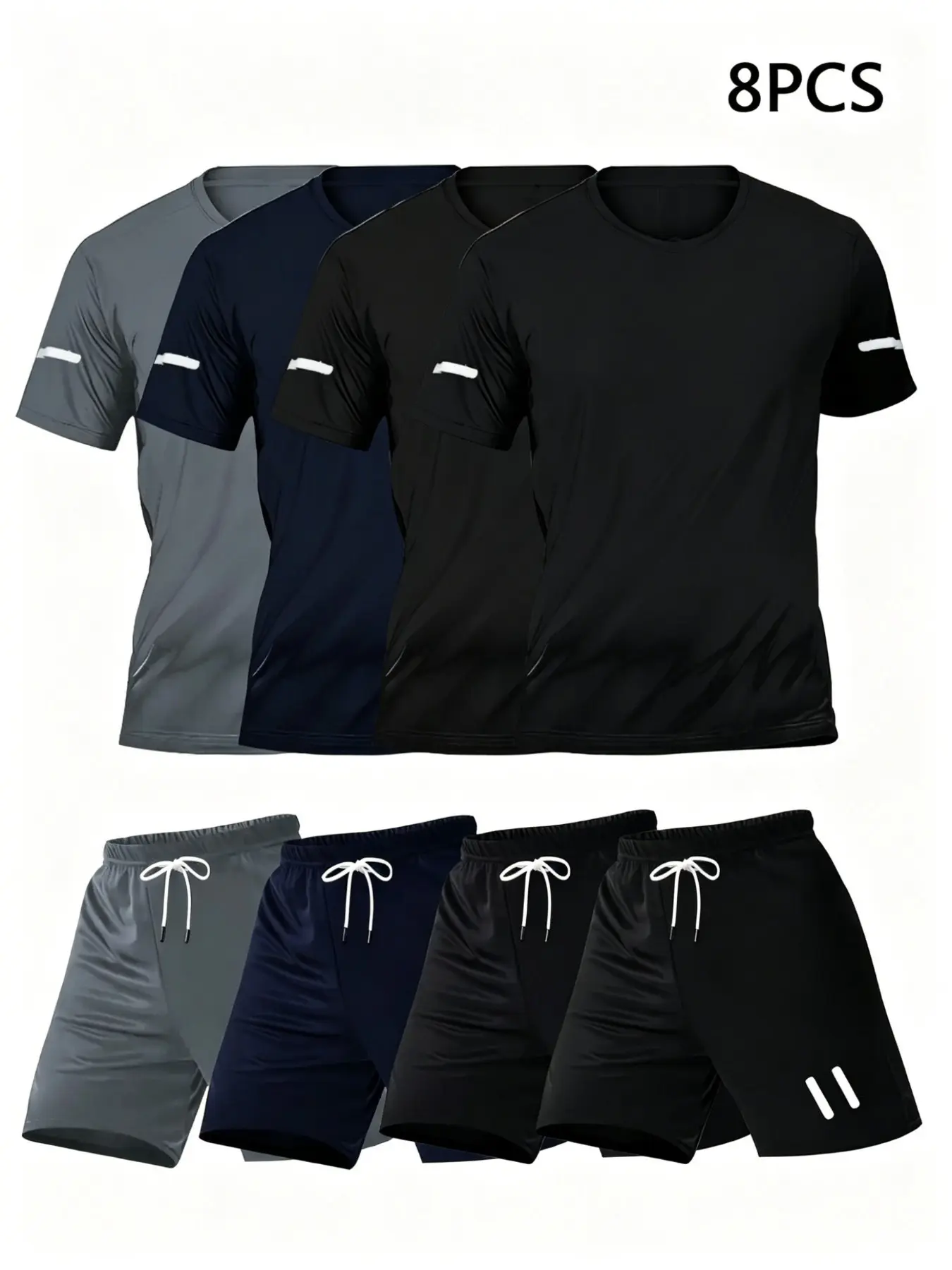 Men's Sportswear Set (4 Set/8 Pieces), Athletic Clothing, Gym Casual Wear, Sport Casual Outfit, Outdoor Athletic Sportswear, Quick-Dry Breathable Short Sleeve T-Shirt and Pocket Elastic Waist Shorts, Ideal for Spring, Summer and Fall
