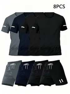Men's 4 Color 4 Set 8 Piece Sportswear Combo, Workout Sets, Quick-Dry Breathable Short Sleeve T-Shirt and Pocketed Elastic Waist Shorts, Ideal for Spring Summer Fall