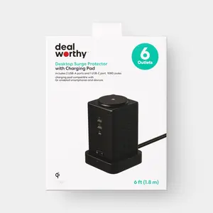 Surge Protector Tower with Top Charging 6 Outlet Pad USB-C and USB-A Port 15A 6ft Cord - Dealworthy