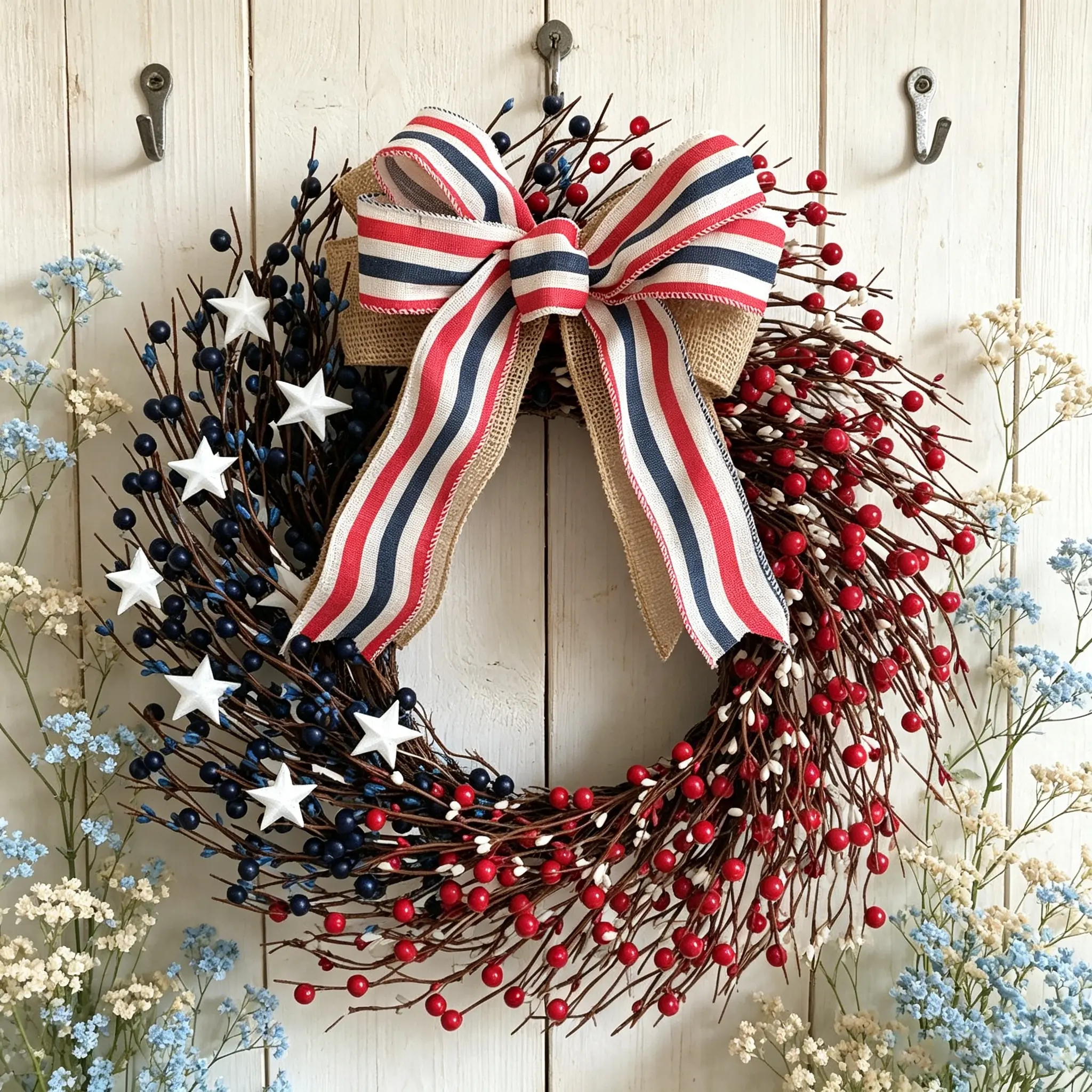 18 Inch Patriotic Red White Blue Berries Wreath for Front Door,    Memorial Day Independence Day Burlap Bow Wreath for Home Decor, American Flag Day Wreath for Indoor and Outdoor Use 4 th of july decorations