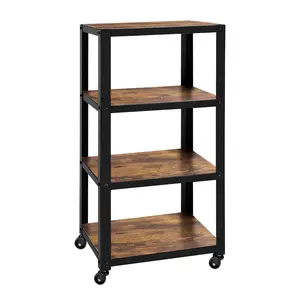 Zhengwanhh09j 4-Tier Industrial Storage Shelf with Wheels 90cm Tall Rustic Brown & Black Metal Wood Bookcase for Home Office Multi-Functional Display Rack
