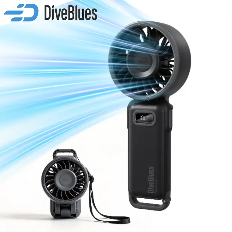 Diveblues Standalone Handheld Portable Fan - USB Rechargeable, 100-Speed Multi-Speed Quiet Battery-Powered Fan, LED Display, Foldable, with Lanyard for Office, Outdoor, Standalone Portable Fans, Battery-Powered Portable Fans
