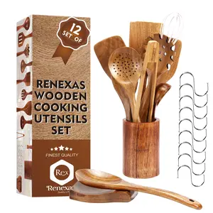 12 Pcs Wooden Spoons for Cooking Utensils, Natural Teak Wooden Cooking Spoons with Nonstick Spatula Set, Bamboo Kitchen Utensils With Holder, Wood Spoon Set for Kitchen Essentials