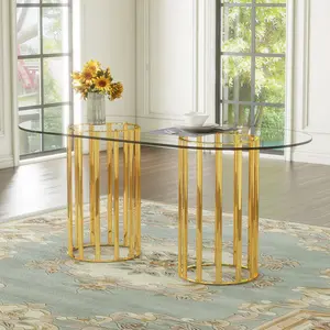 71” Oval Tempered Glass Dining Table for 6-8, Modern Light Luxury Gold Double Column Base, Scratch Resistant Easy Clean Kitchen Centerpiece for Dining Room, Transparent