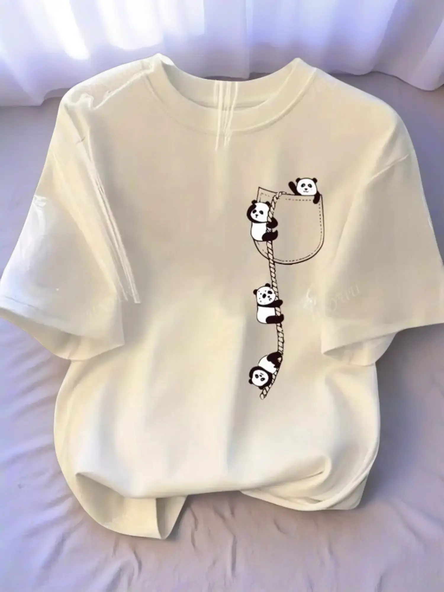 Women's Casual Panda Print T-shirt, Oversized Short Sleeve Crew Neck in Breathable 100% Cotton Fabric, Plus Size, Cartoon, No