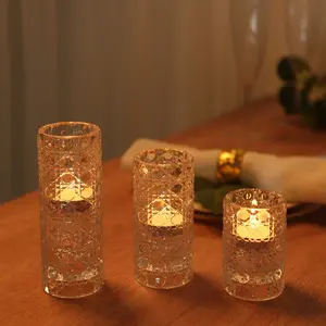 Set of 3 Glass Taper Candle Holders 3", 4", 5.5" Clear with Gemstone Pattern - Dual Sided Crystal Cylinder Tealight Stands