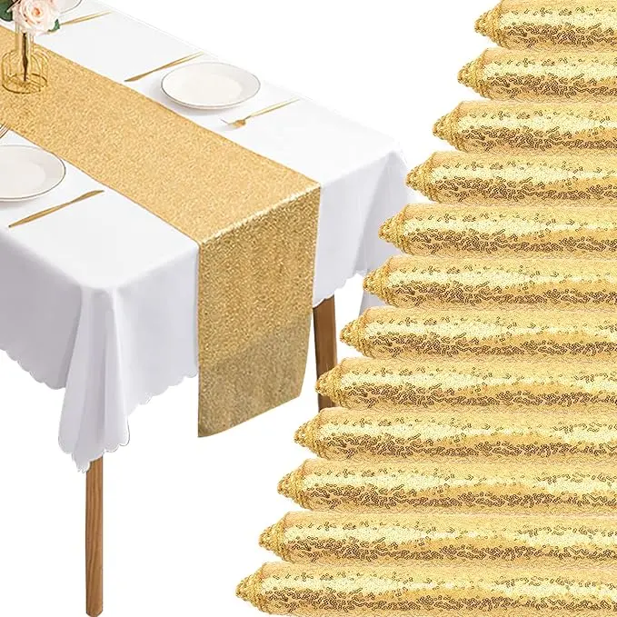 Glittery Gold Sequin Round Table Runner - 30x180 cm/12x72 inches Mesh Fabric, Lightweight Home & Festive Decor, No Bleach, Do Not Soak, Gentle Cleaning, Ideal for Wedding & Holiday Supplies