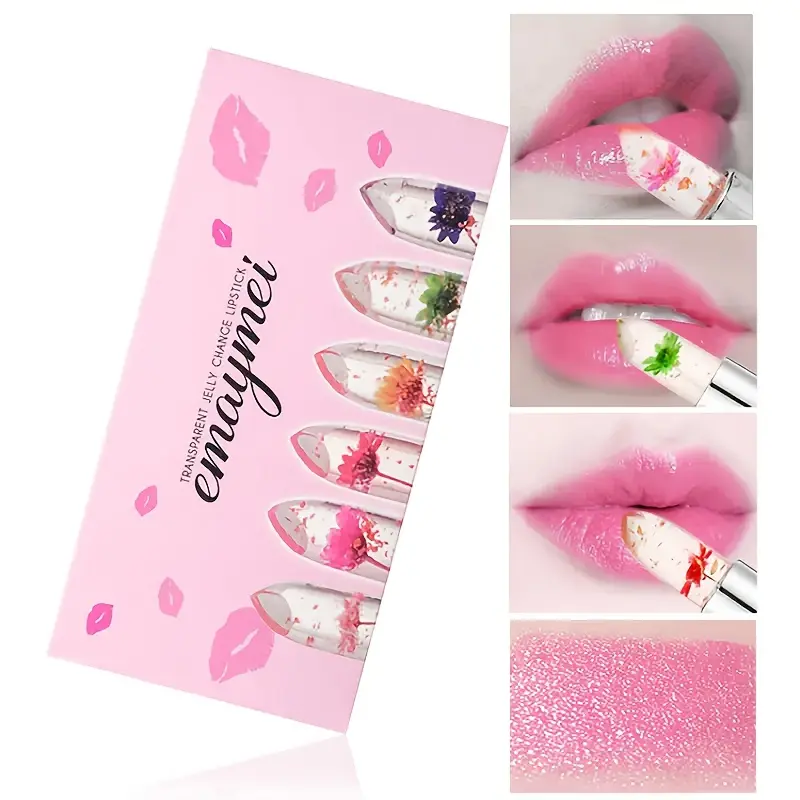 6Pcs Transparent Petal flower jelly Lipstick stick Long Lasting Makeup Showcasing Charm Crystal Lip Glossy Waterproof Smooth Easy To Apply Natural Makeup Cosmetic