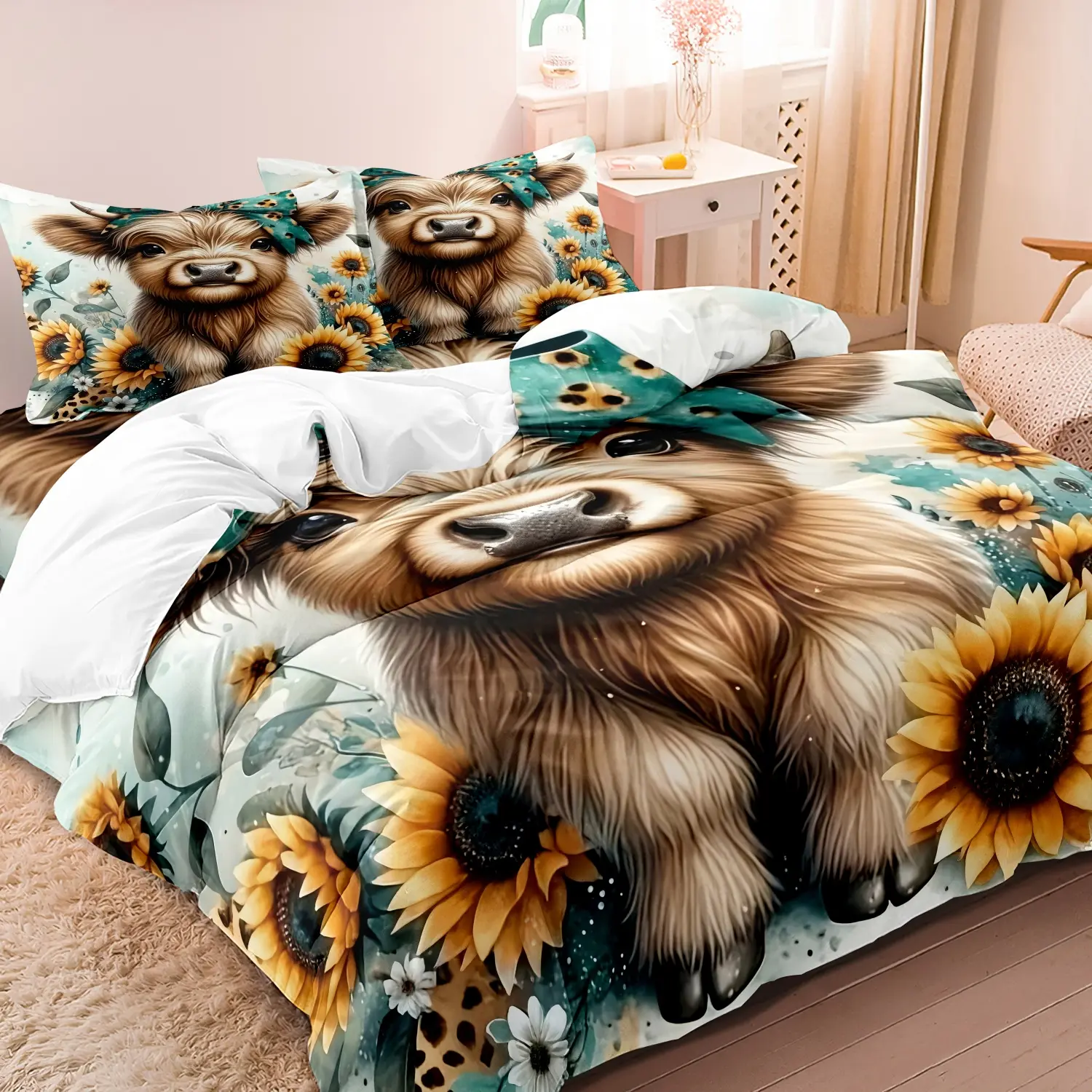 3Pcs Ultra-Soft Highland Cow & Sunflower Duvet Duvet Cover- Cozy Floral Design, Perfect For Bedroom, Guest Room, Home & Dormitory Decor - Ideal Gift For Family & Friends, Christmas, Halloween, New Year, Decorative Duvet Cover Duvet Cover Set