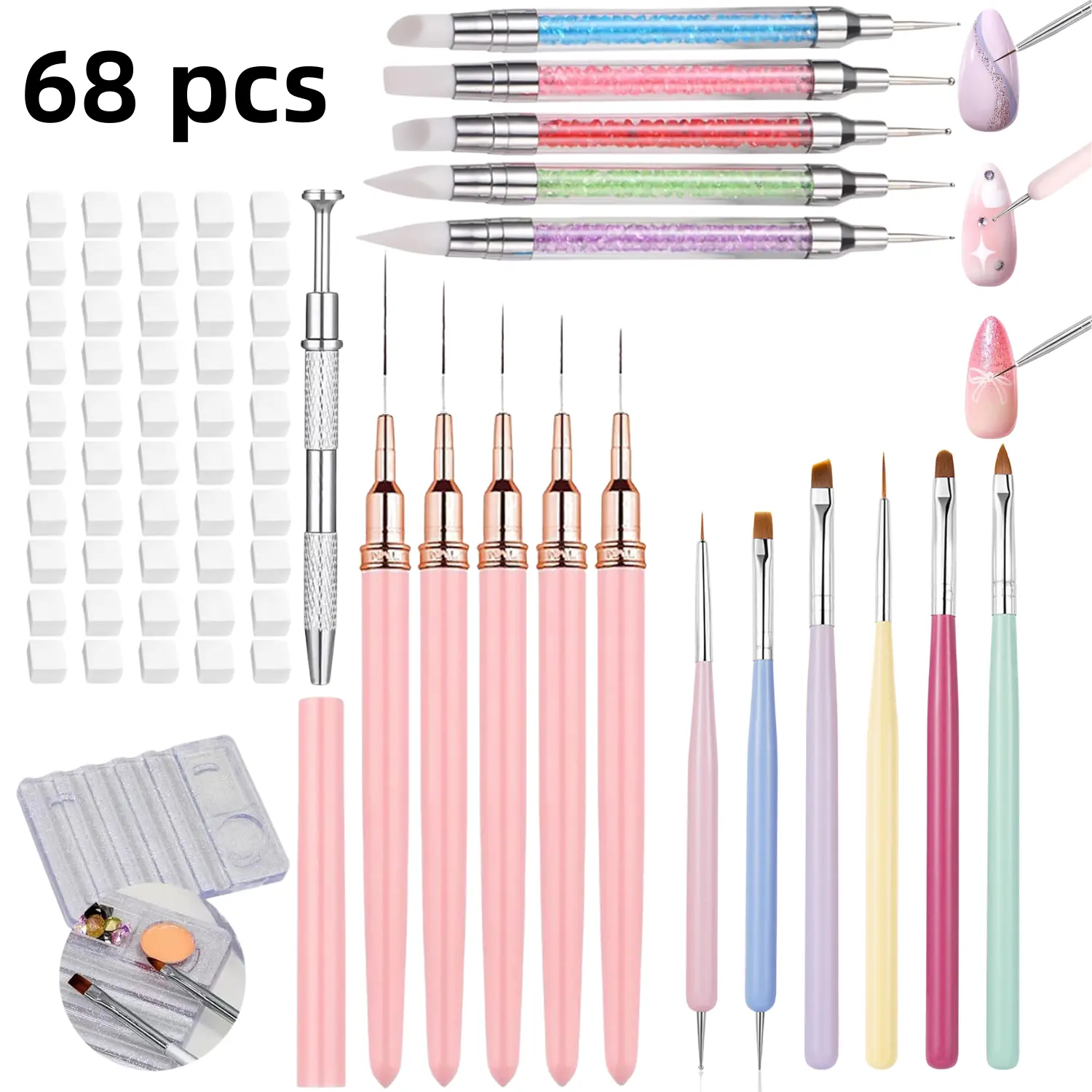 68 pcs nail tool set, including line drawing pen, double ended pen, brush, pen holder, sponge block, suitable for phototherapy nail painting, hook line, carving, dot drilling, French style, suitable for nail technicians, DIY enthusiasts, and salons