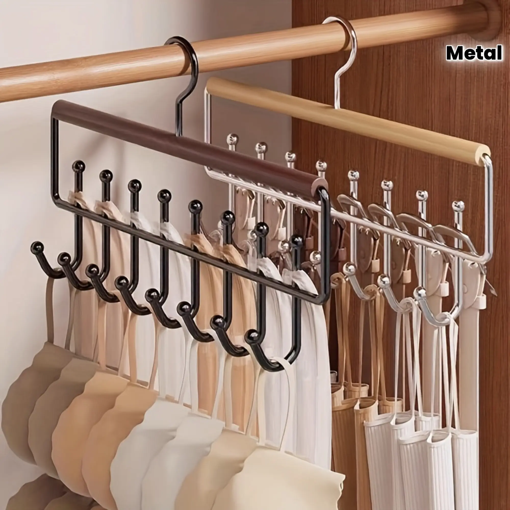 2pcs/Set Wooden Hangers with 8 Hangable Home Storage Hooks, 360° Rotates Space-Saving Vest Organiser for Underwear & Clothes, Home Clothing Store Organization