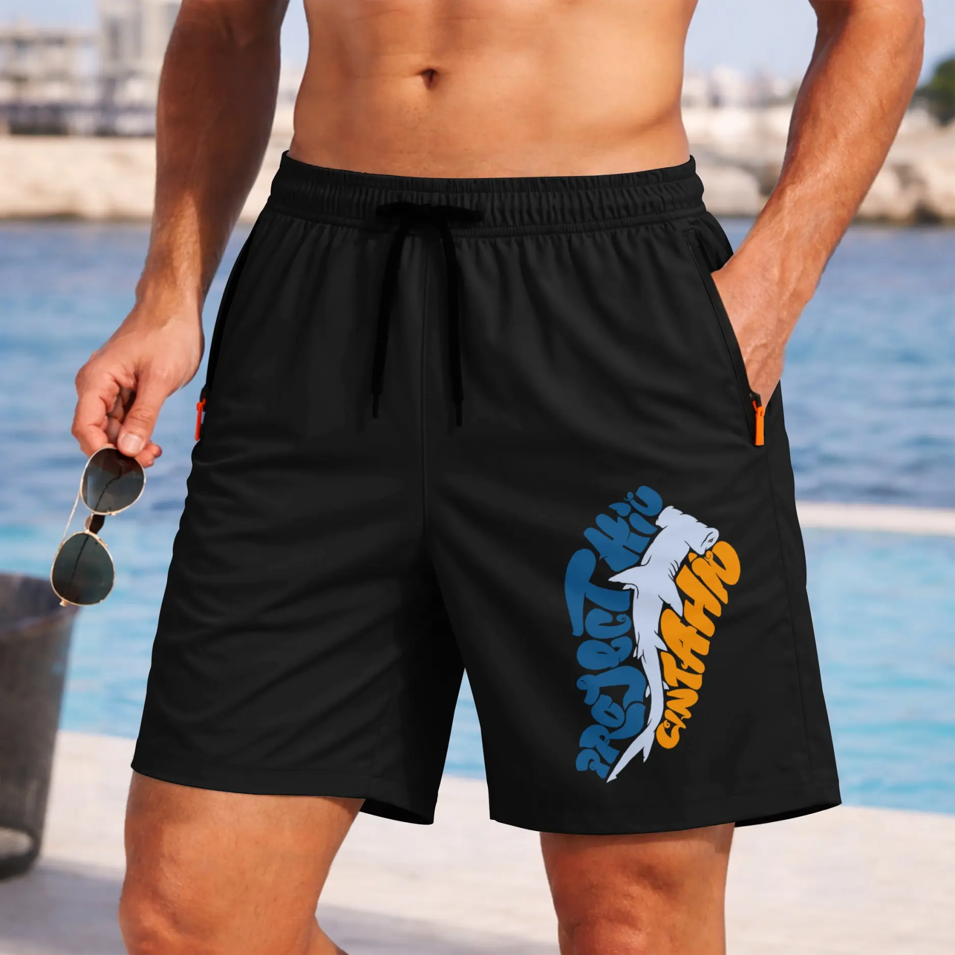 Men’s Shark Fishing Shorts Lightweight Quick Dry Athletic Running Shorts – Saltwater Fishing Graphic Shorts with Zipper Pockets, Elastic Waist Drawstring, Breathable Gym Workout Shorts for Beach, Sport, Outdoor