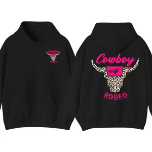 Cowboy Rodeo Hoodie - Western Bull Skull with Pink Leopard Print, Trendy Graphic Streetwear for Rodeo Fans and Country Style Lovers