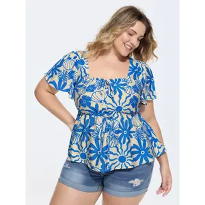 Lady's Fitted Nylon Blouse, Smooth Fabric, Floral Print, Square Neckline, Lace Accents,Spotlight,Summer wins,Deals for you days