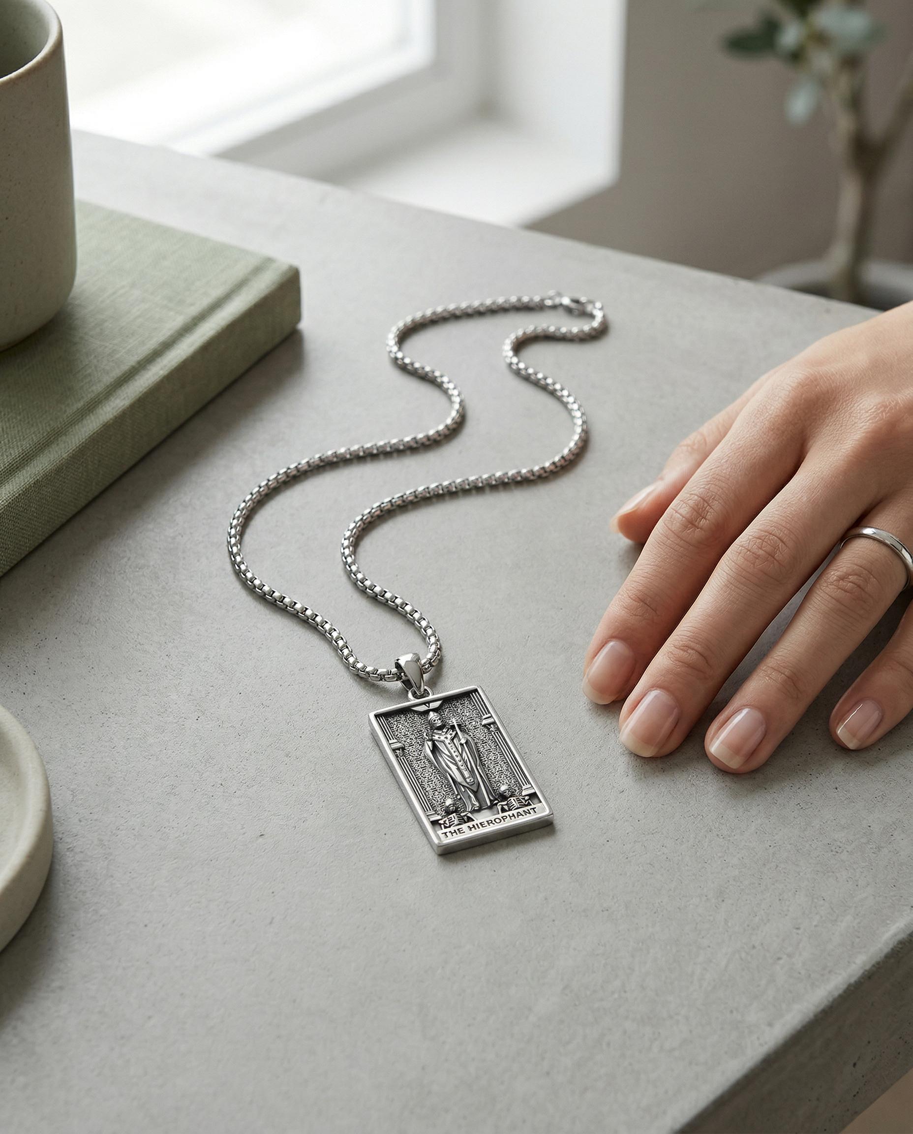 MEIDERBO Dream Chaser The Hierophant Necklace 925 Sterling Silver Oxidized Finish Tarot Pendant Stainless Steel Bead Chain 22+2 Inch Bella Chain Spiritual Jewelry