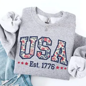 USA Floral Sweatshirt - 4th of July Sweatshirt, Varsity Style Patriotic USA Crewneck, Cozy Gift for Independence Day, Memorial Day Shirt, 4th of july outfits for women, 4th of july, 4th of july shirt, 4th of july shirt for women, t shirts for men
