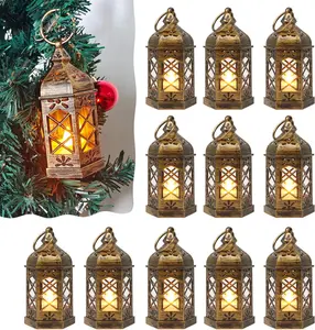 Mini Lantern Decorative, 12 count Small Lanterns with LED Candle, Ramadan Decorations, Hanging  Moroccan Lantern Bulk for Easter Wedding Xmas Party Table Centerpiece, Brushed Brass