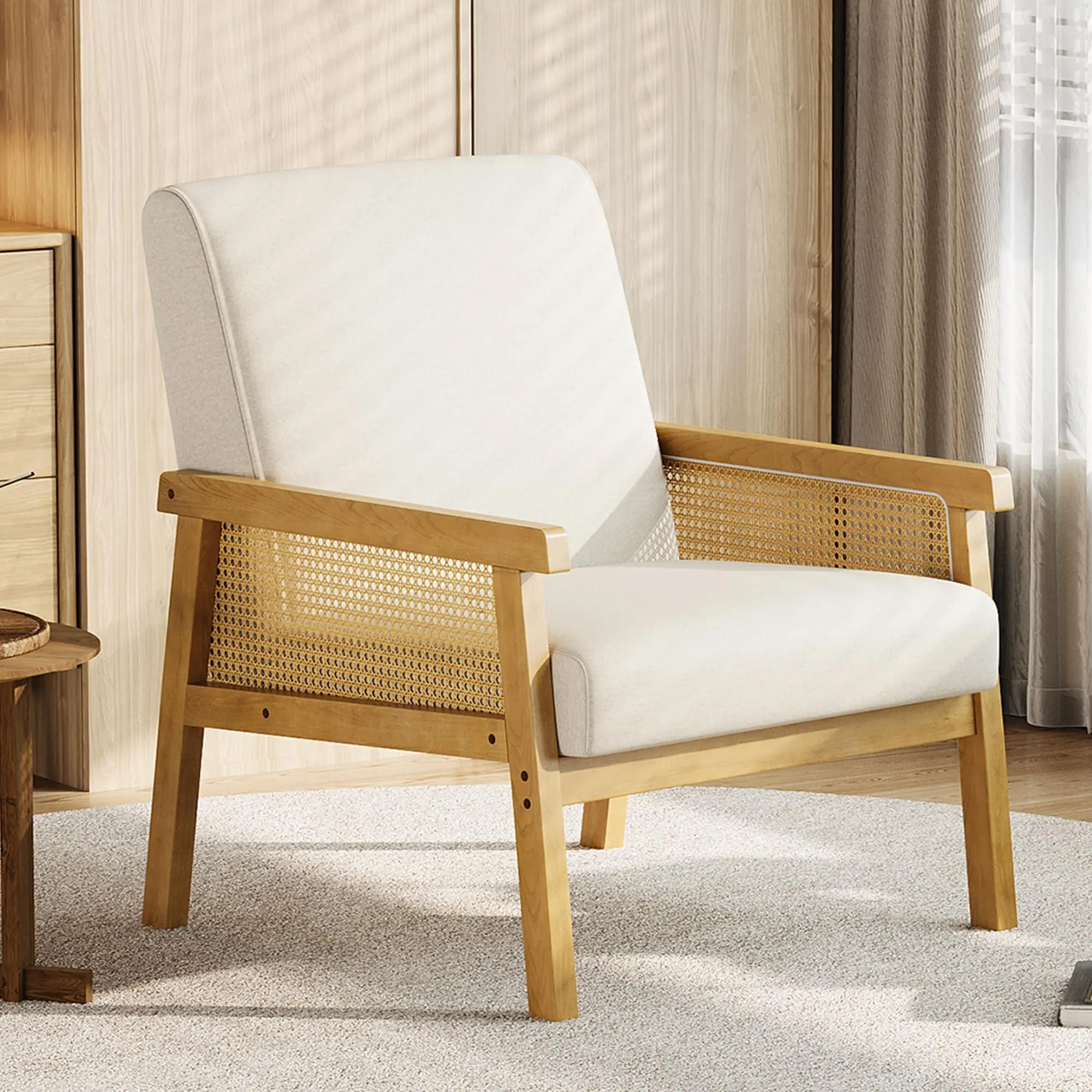 GAOMON Linen Accent Chair, Rattan Armchair with Wooden Frame, High Back, Upholstered Reading Chair Leisure Chairs for Living Room Bedroom Waiting Room Reception, Beige