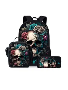 Skull pattern printed 17-inch backpack Casual Lightweight Backpack three-piece set (single-layer backpack + shoulder strap lunch bag + single-layer pencil case)
