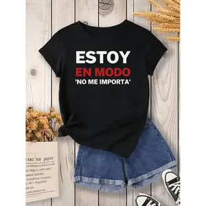 1pc Women's Casual Short Sleeve T-Shirt - Bold Spanish "Estoy en Modo No Me Importa" Print, Black with White & Red Text, Round Neck, Machine Washable, All-Season Comfort, T-shirt Stylish, Everyday Clothing, Relaxed Fit Tee, Comfor