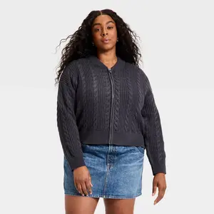 Women's Cable Full Zip Fashion Jacket - Universal Thread Charcoal Gray XXL