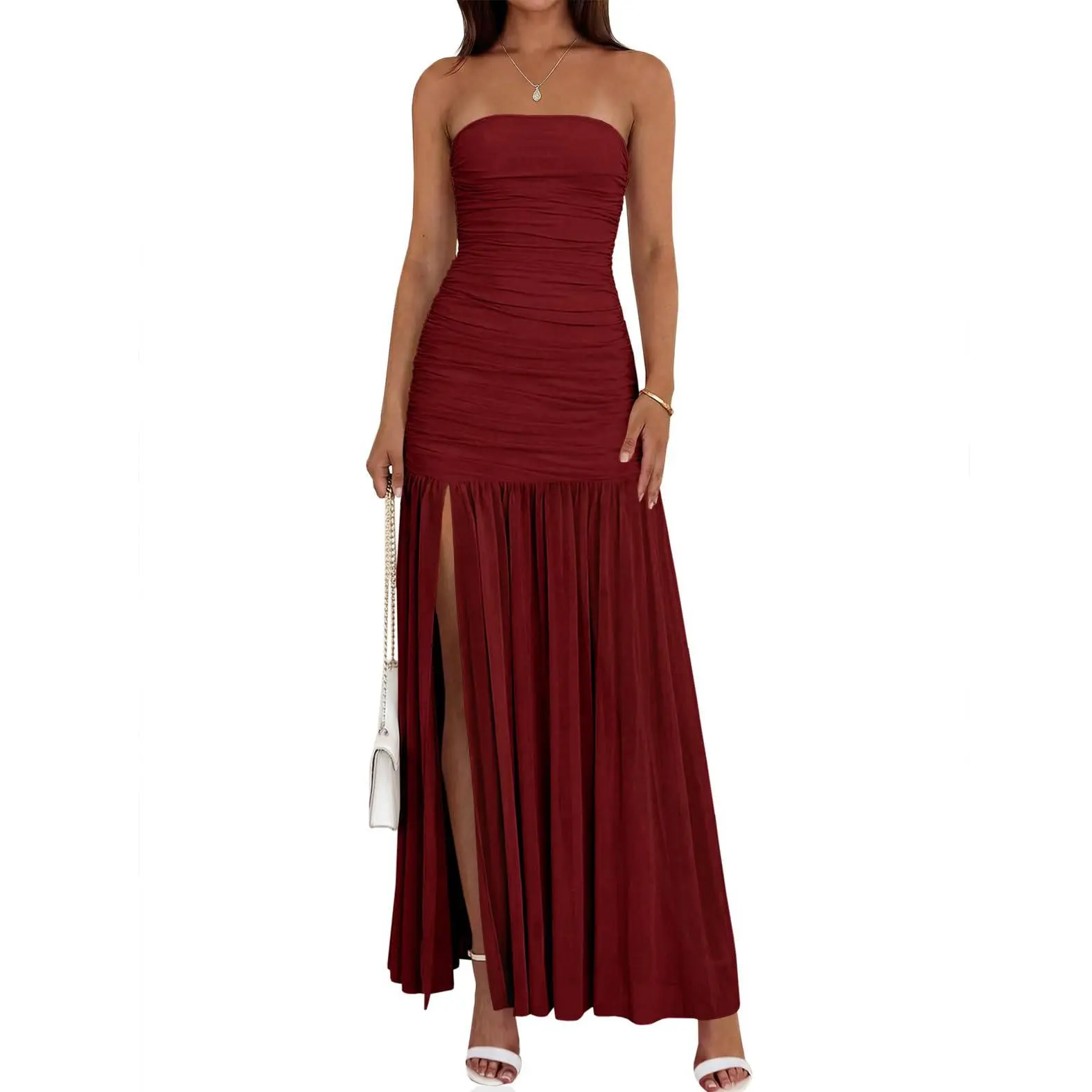 Wenrine Women's Summer Tube Top Dress Strapless Mesh Sexy Ruched Patchwork High Slit Long Cocktail Party Maxi Dresses
