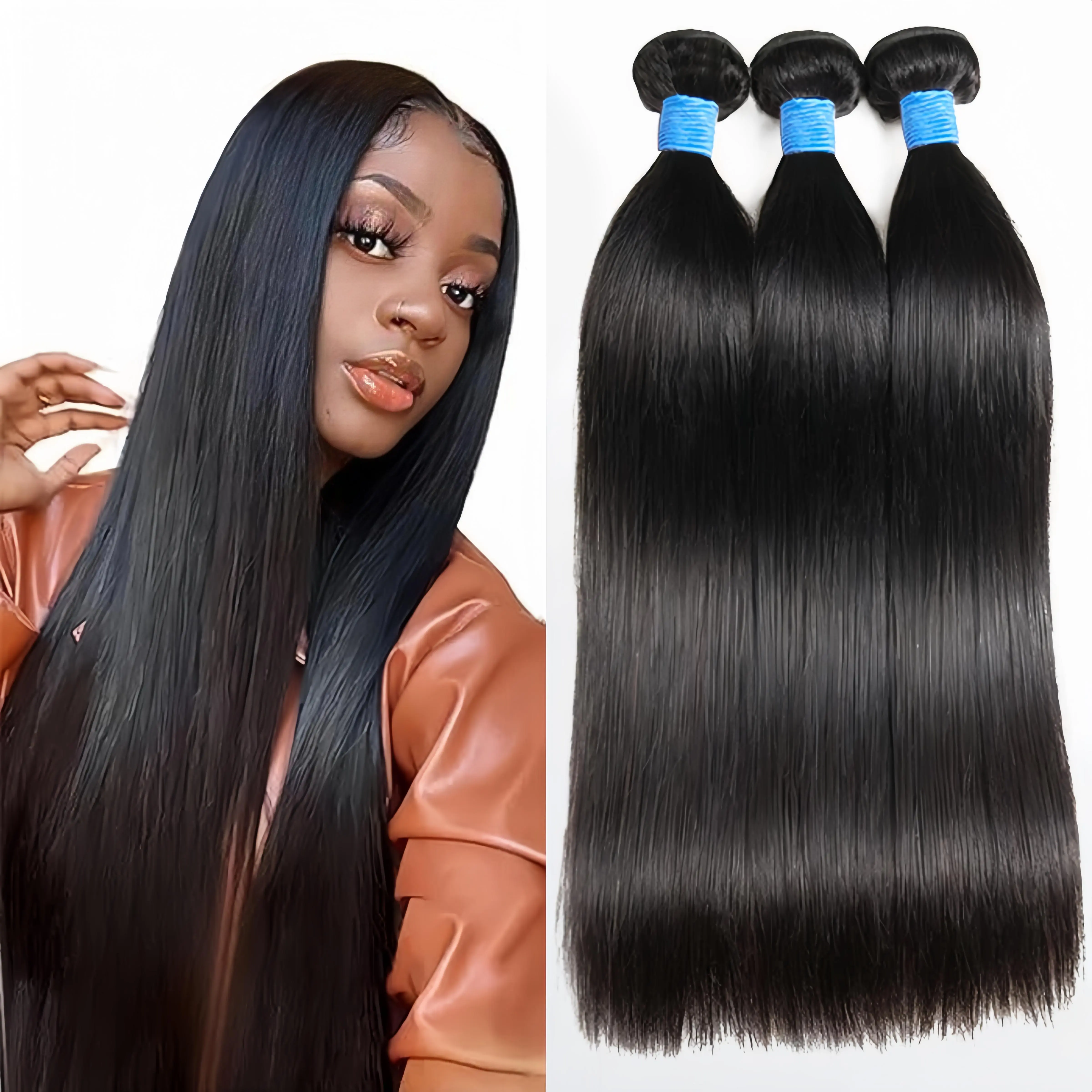 Ashine Brazilian Virgin Black Natural Human Hair Bundles with Double-Drawn Weft, Straight & Body Wave Styles, Curly-Ready Human Hair Extensions