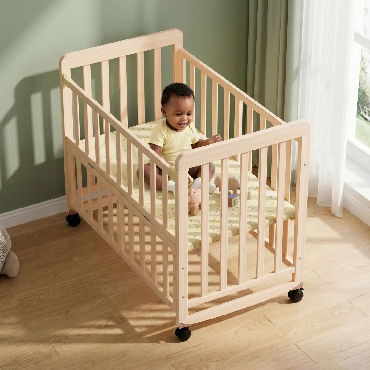 Aobtkel Convertible Baby Bassinet Bedside Sleeper - Natural Wood Rectangular Mini Crib, Upgraded Version (Double-Layer Bed Cover), 0-3 Years with Mattress, 3-Height Adjustment, Fence, Door, Safety Guardrails, Space-Saving Stable Frame, CPC Certified