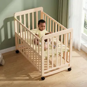 Aobtkel®Baby Bassinets Bedside Sleeper - Portable Pine Wood Bedside Bassinet,3 Heights SmallMini Crib with Mattress,Space-Saving DesignBaby Crib for Newborns 0-36 Months, SolidWood Bed Frame with Fence, Door & Safety Guardrails, CPC Certified#Summervibes