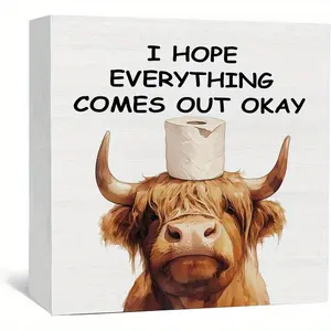 Funny Highland Cow Bathroom Wooden Box Signs, Home Decor Products, Cow Bathroom Decor, I Hope Everything Comes Out Okay Wood Decoration Bathroom Decor for Washroom Toilet Counter Shelf 5x5 Inch Decorative Signs Bathroom Decorations Wooden Home Sign