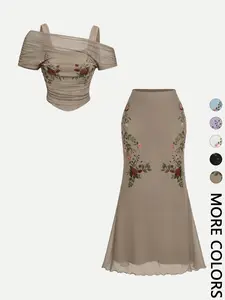 2 Piece Floral Print Off Shoulder Top and Midi Skirt Set for Women, Figure Flattering Matching Outfit for Date Night Beach Vacation Wedding Guest Brunch Party, Trendy Coquette Cottagecore Romantic Fairy Aesthetic
