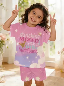 Pink-purple gradient sun hurricane children's suit with digital printing, 100% polyester short-sleeved set for infants and toddlers, cute casual wear for baby girls, suitable for daily and outdoor sports T-shirts, a perfect gift for infants and young chil