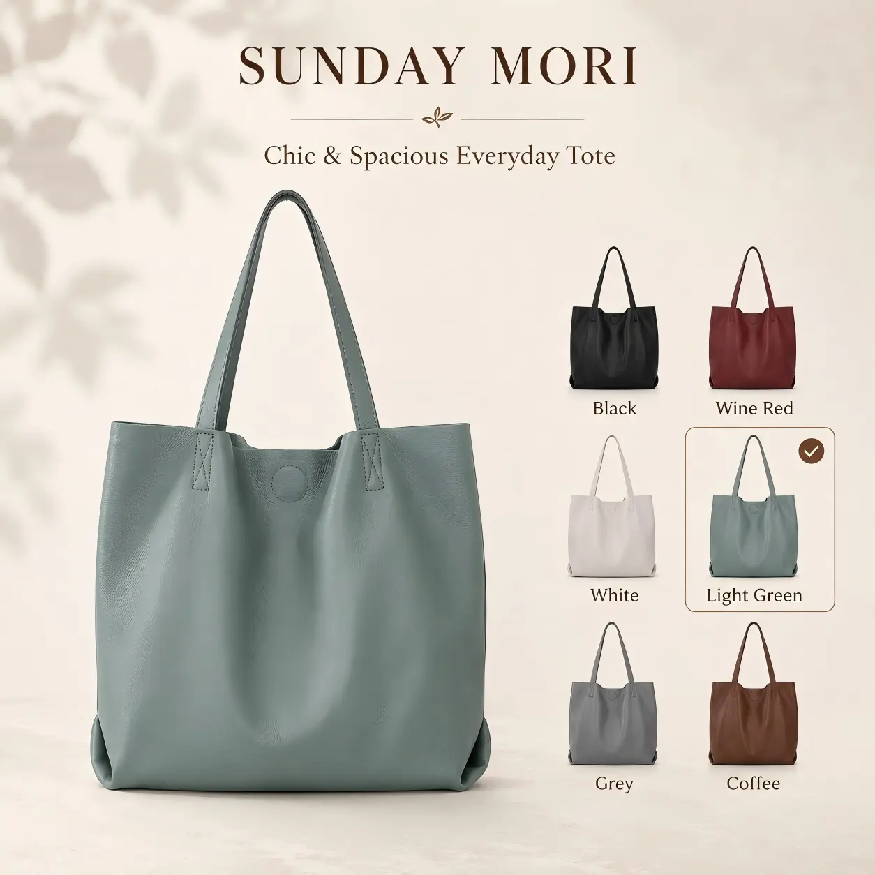 Sunday Mori Women's Genuine Leather Plain Light Green Tote Bag - Chic, Spacious, Soft Durable Everyday Shoulder Bag Ideal for Daily Essentials