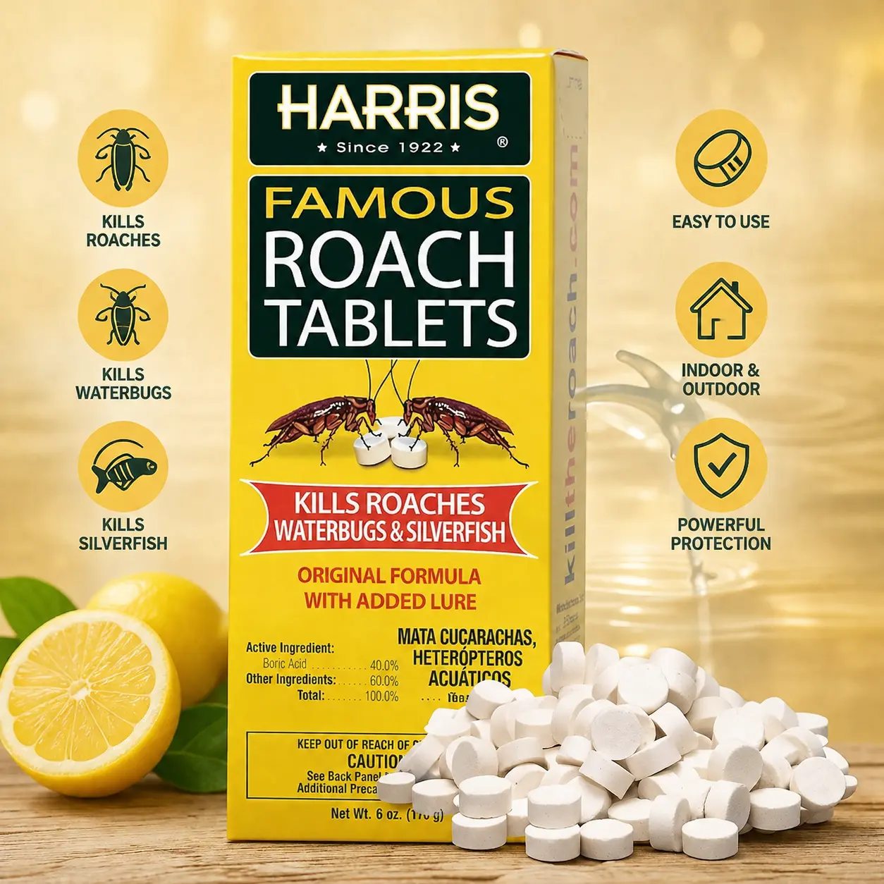 Harris Boric Acid Insect Killer Tablets with Lure, 6oz 145-Tablet Alternative to Bait Traps for Room & Kitchen, Yellow Cockroach Insecticide for German Cockroaches