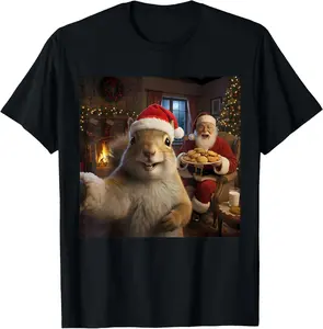 [100% Cotton] Squirrel Selfie with Santa Claus Funny Christmas Meme T-Shirt