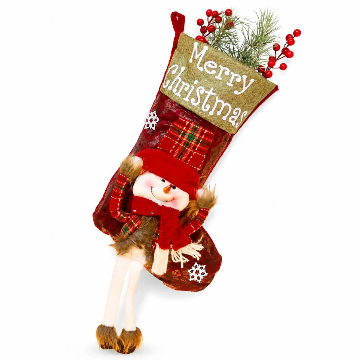 Vintage Decorative Christmas Stocking - 22in 3D Long Leg Snowman, Burlap Cuff, Plaid Velvet Fabric for Christmas Tree, Kid Room, Fireplace Mantel, Farmhouse Stair Railing Decorations, Festive Gift Storage
