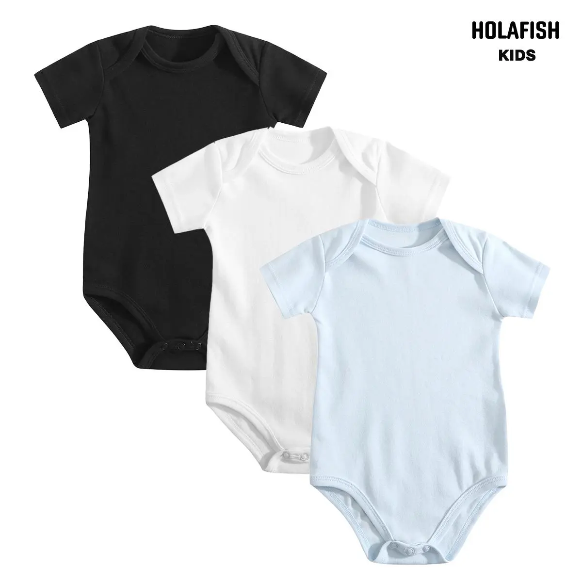Holafish Unisex Infant Bodysuit Set, 3-Pack 100% Cotton Short-Sleeve Crew Neck Fitted Onesies - Soft, Breathable, Snap Buttons, All Season Superior Quality - 0-3M/0/3m/3/6m Sizes (Check Size Info), Cold Wash
