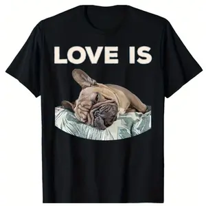 Love Is Frenchie - Men's Casual Cotton T-Shirt, Black, Featuring French Bulldog Pattern, Comfortable and Stylish Gift for Dog Lovers Casual Short-Sleeve Cotton Men's T-Shirt Classic Cotton Tee Men's T-Shirts Comfort Wear