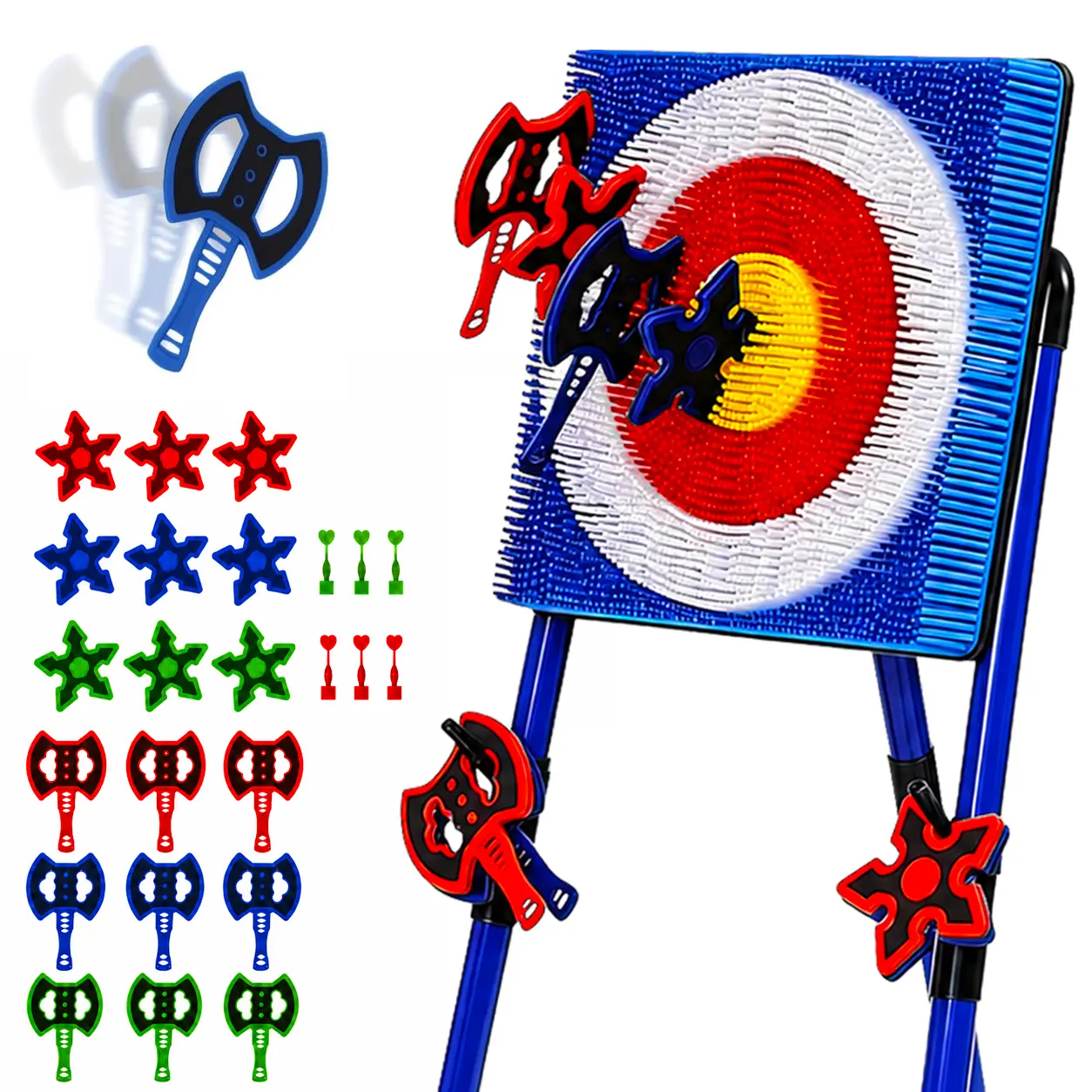 Bristle Target Axe Throwing Game Set - 25 Throwing Axes, Blue Sports & Outdoor Darts Equipment for Backyard, Family Party Use by Kids and Adults