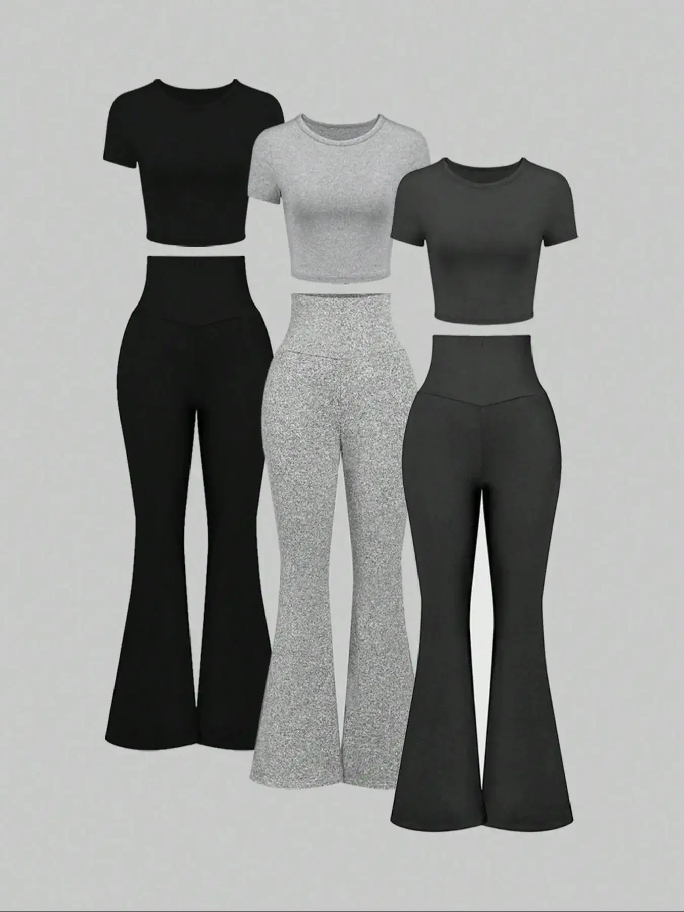 Women's Solid Top & High Waist Flare Leg Pants Set, Casual Chic Fashion Cozy Round Neck Tee & Bell Bottom Trousers for Daily Wear, Ladies Clothes for All Seasons