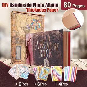Our Adventure Book Retro Scrapbook Photo Album 80 Pages Embossed Words Hard Cover DIY Handmade Memory Storage for Anniversary Wedding Travel Baby Shower Birthday Valentine's Day Gifts travelers  journal  notebook