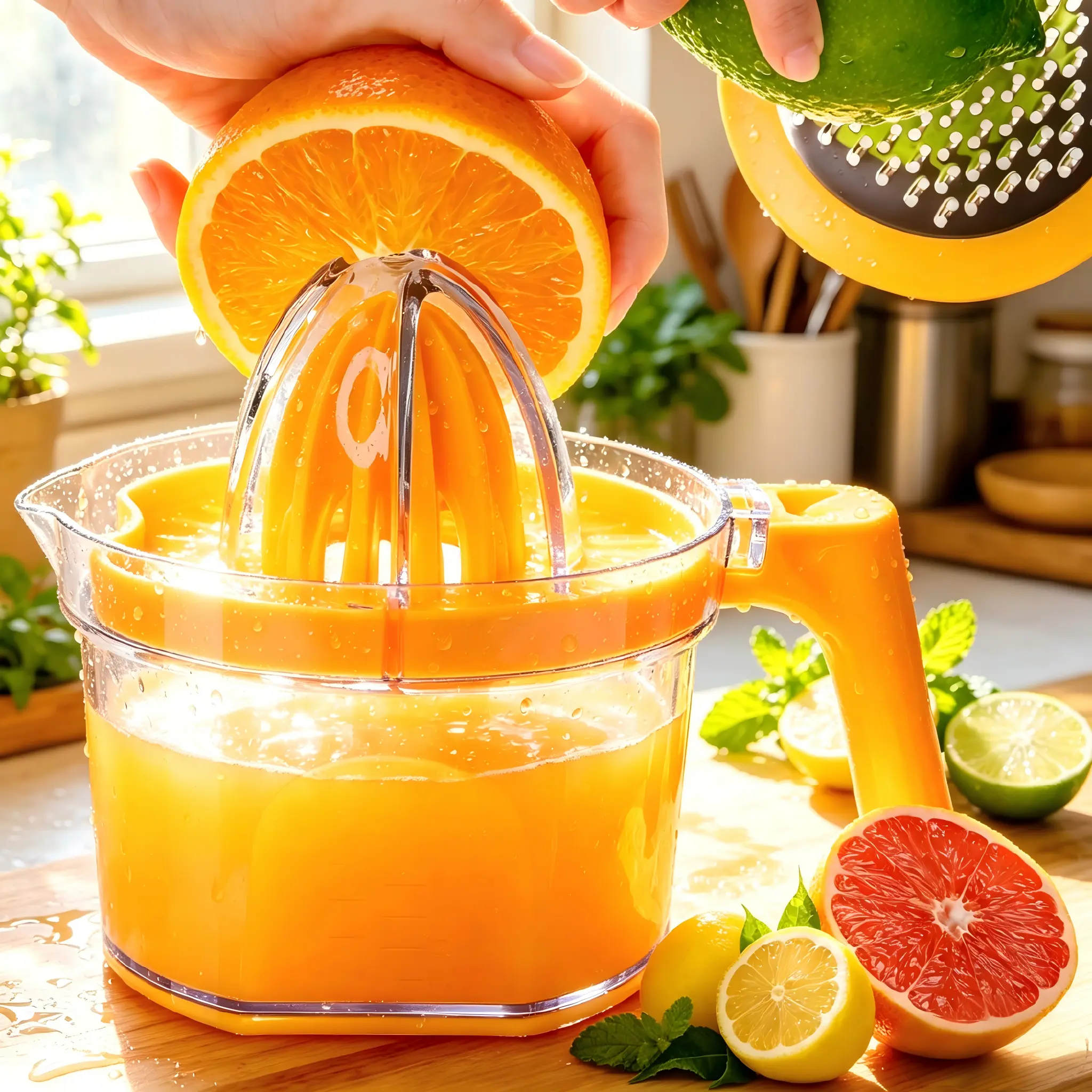 4-in-1 Manual Citrus Juicer Cup - Kitchen Utensils for Lemon, Orange, Grapefruit with Built-in Measuring Cup & Grater