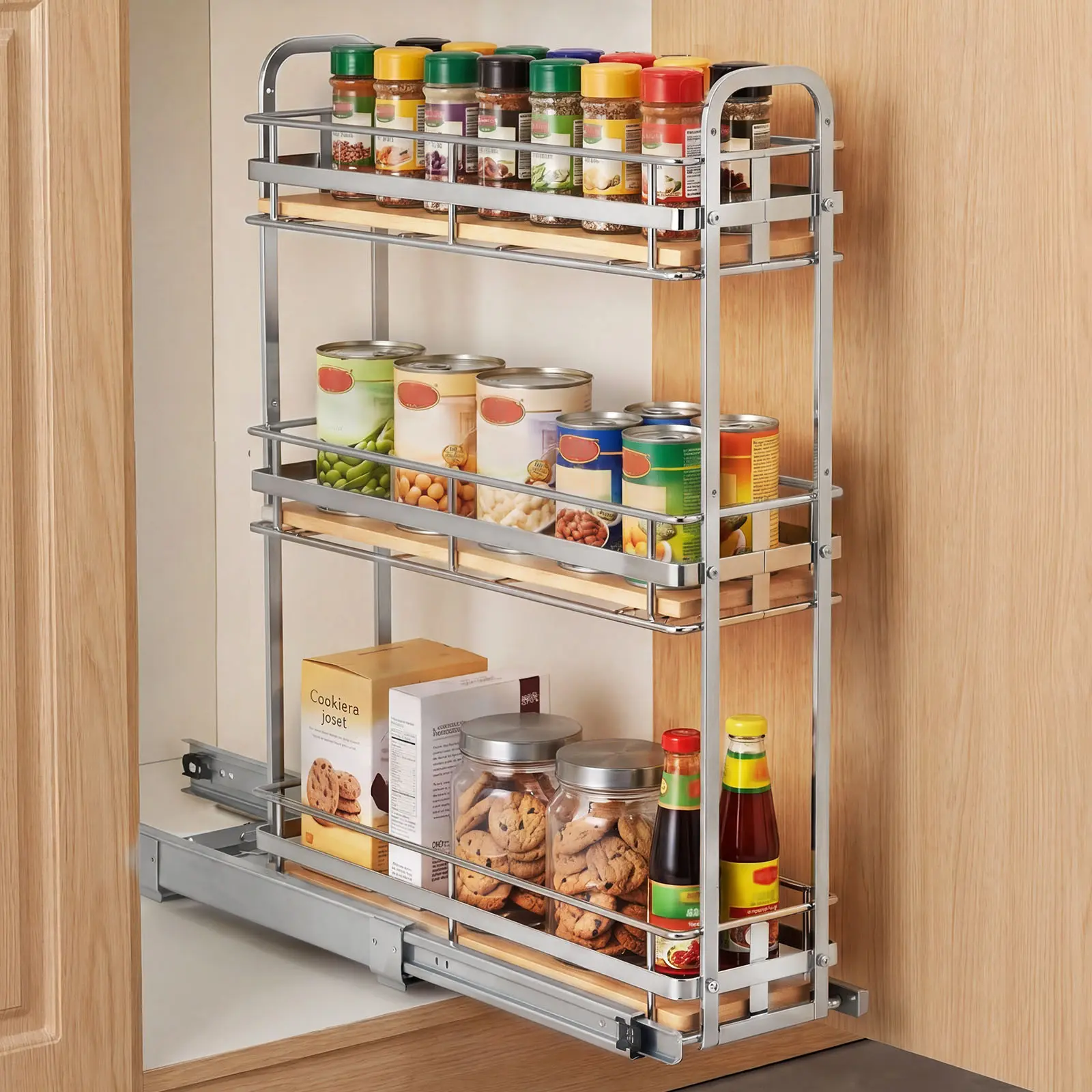 VEVOR 3-Layer Pull Out Spice Rack - Chrome-Plated Metal Cabinet Organizer for Kitchen Pantry, Adjustable Racks & Displays with Basket, Built-In Bins, Compartments, Quiet Smooth Pull, Heavy-Duty, 5.75"W x 20.98"D x 21.34"H Silver, Adjustable Organizer Rack
