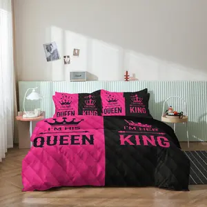 3pcs Couple's King & Queen Printed Decorative Duvet Cover Set（1 Duvet Cover + 2 Pillowcases，No Core）All-Season Home and Bedroom High Definition Romantic Heart Crown Design, Pink Black Contrast for Sweetness with Elegance