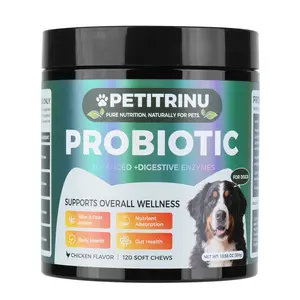 PETITRINU Dog Probiotic Chews Advanced Digestive Enzymes 120ct Chicken 500M CFU Probiotics for Gut Health, Joint Support, Skin & Coat, All-in-One Supplements for Dogs