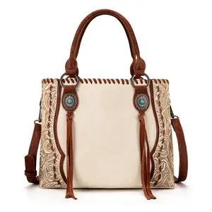 Trinity Ranch Concho Collection Western Leather Tote/Crossbody Bag for Women with Antique Silver Turquoise Stone Concho & Whipstitch Details