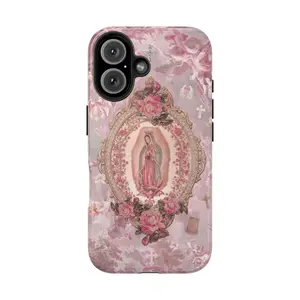 Vintage Catholic Virgin Mary Guadalupe Phone Case – Pink Floral Christian Religious Art Protective Cover for iPhone 16 Pro Max 15 14 13 12 11 X, Samsung Galaxy S25 S24 S23 S22 S21