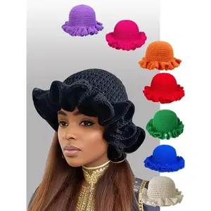 Ladies' pure-colored fluffy bucket hats, ruffled woolen hats, hollowed-out hand-crocheted hats, lace fisherman hats, casual styles, pure-colored knitted hats suitable for autumn and winter, Casual Ruffle Cap